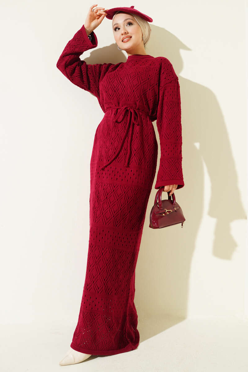 Diamond Pattern Openwork Knit Dress Burgundy