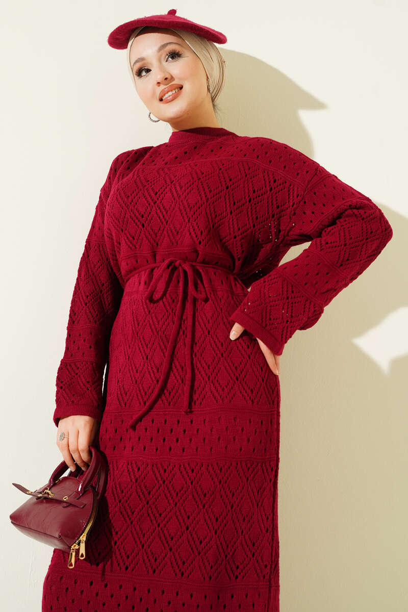 Diamond Pattern Openwork Knit Dress Burgundy - Imagen 2