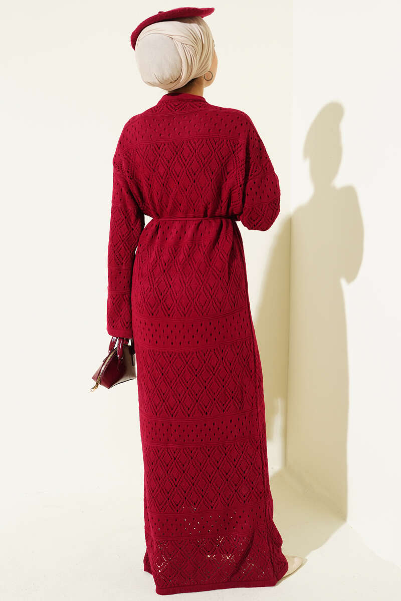 Diamond Pattern Openwork Knit Dress Burgundy - Imagen 3