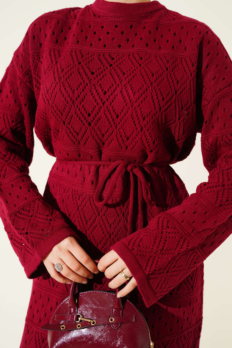 Diamond Pattern Openwork Knit Dress Burgundy - Imagen 4