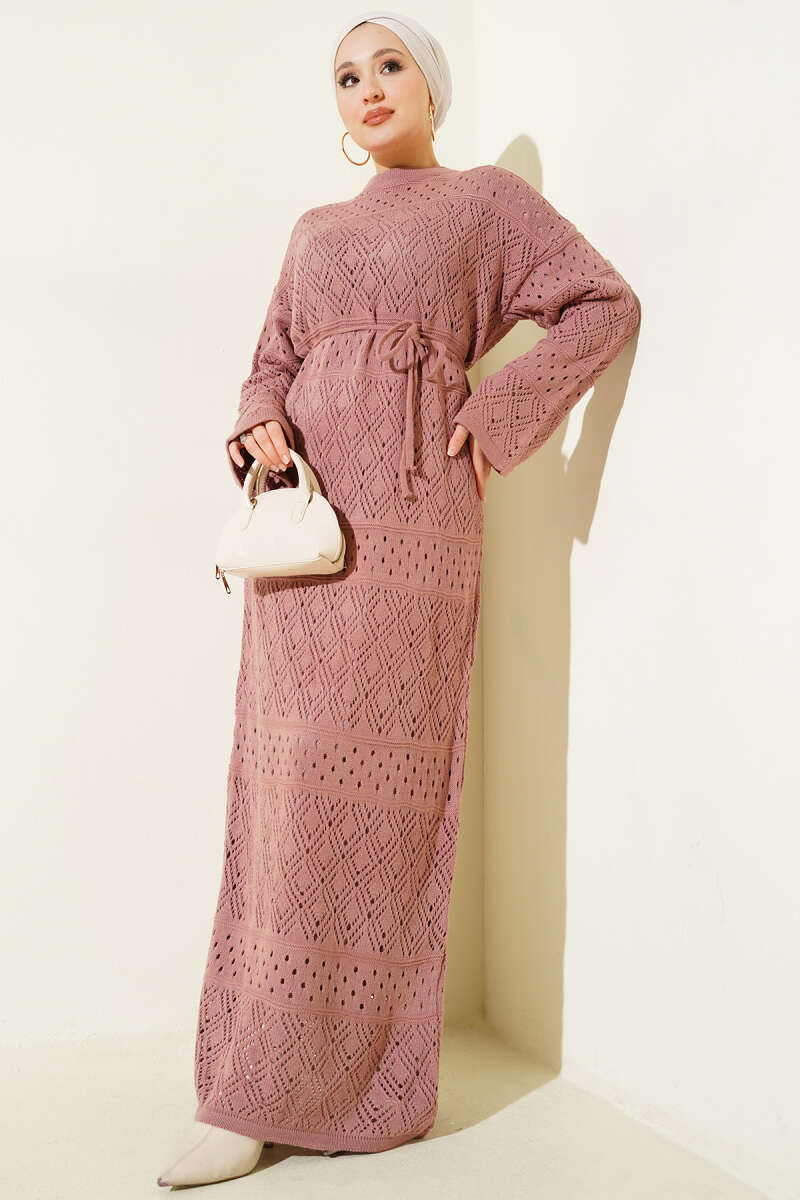 Diamond Pattern Openwork Knit Dress Rose Dust
