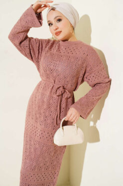Alternative view of Diamond Pattern Openwork Knit Dress Rose Dust