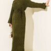 Diamond Pattern Openwork Knit Dress Khaki