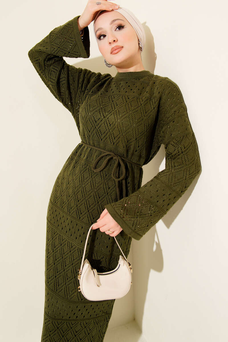 Diamond Pattern Openwork Knit Dress Khaki - Imagen 2