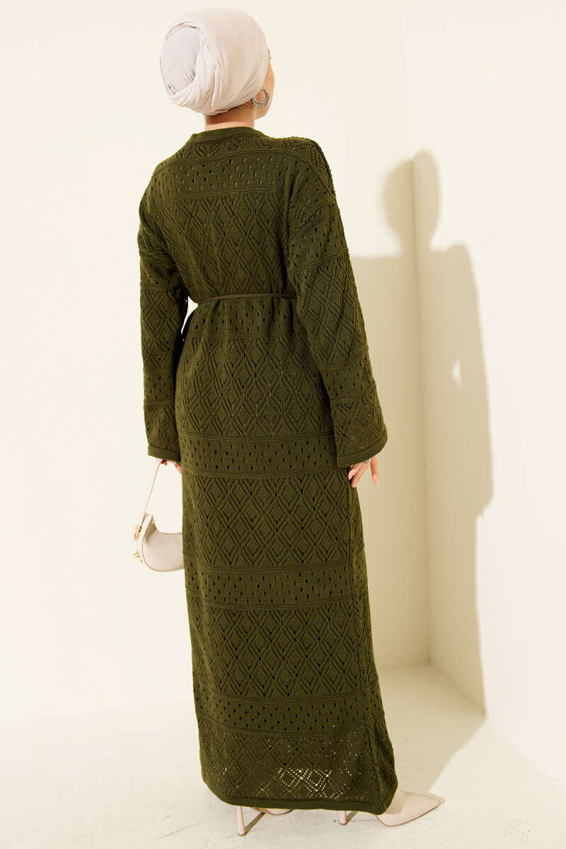 Diamond Pattern Openwork Knit Dress Khaki - Imagen 3