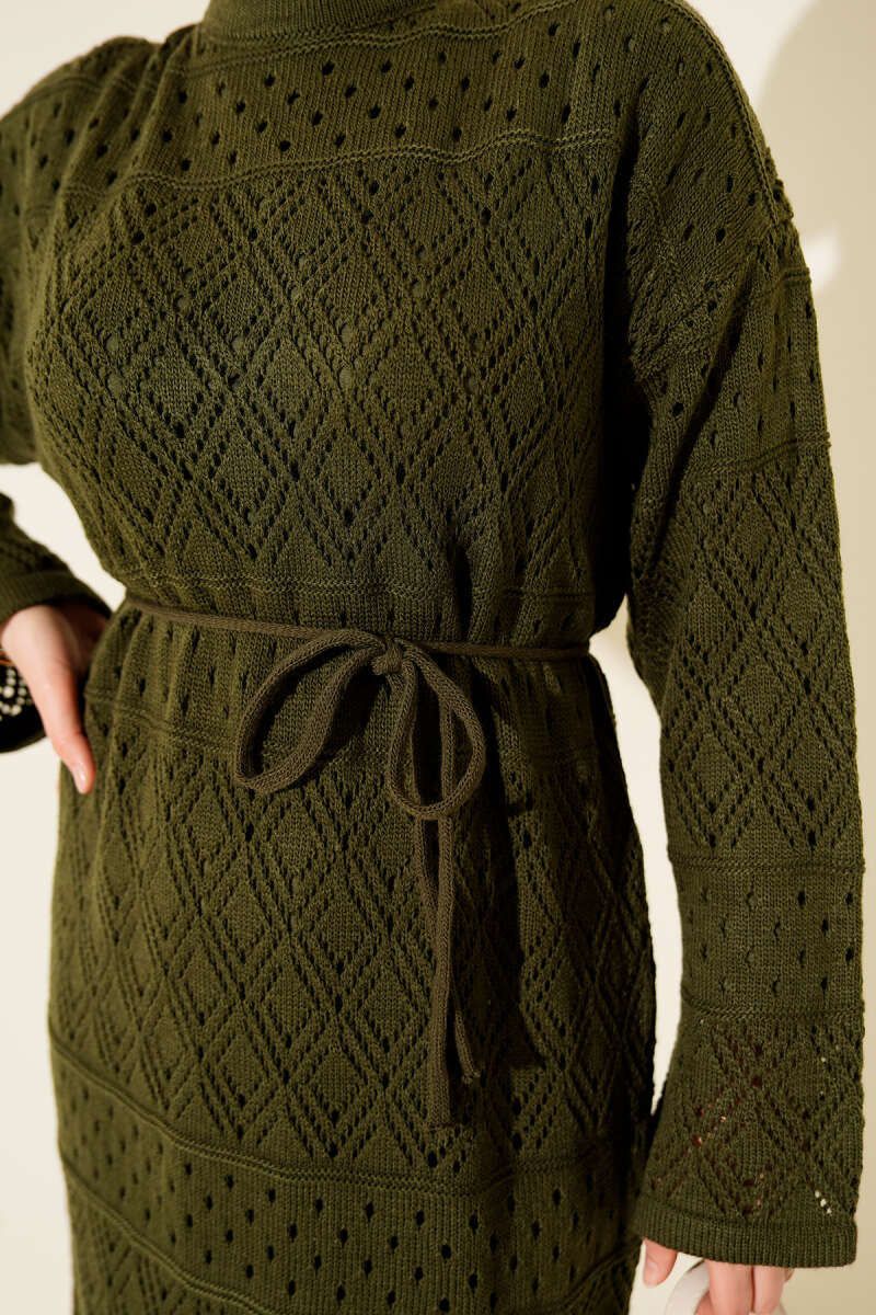 Diamond Pattern Openwork Knit Dress Khaki - Imagen 4