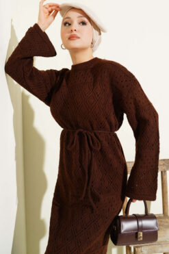 Alternative view of Diamond Pattern Openwork Knit Dress Brown