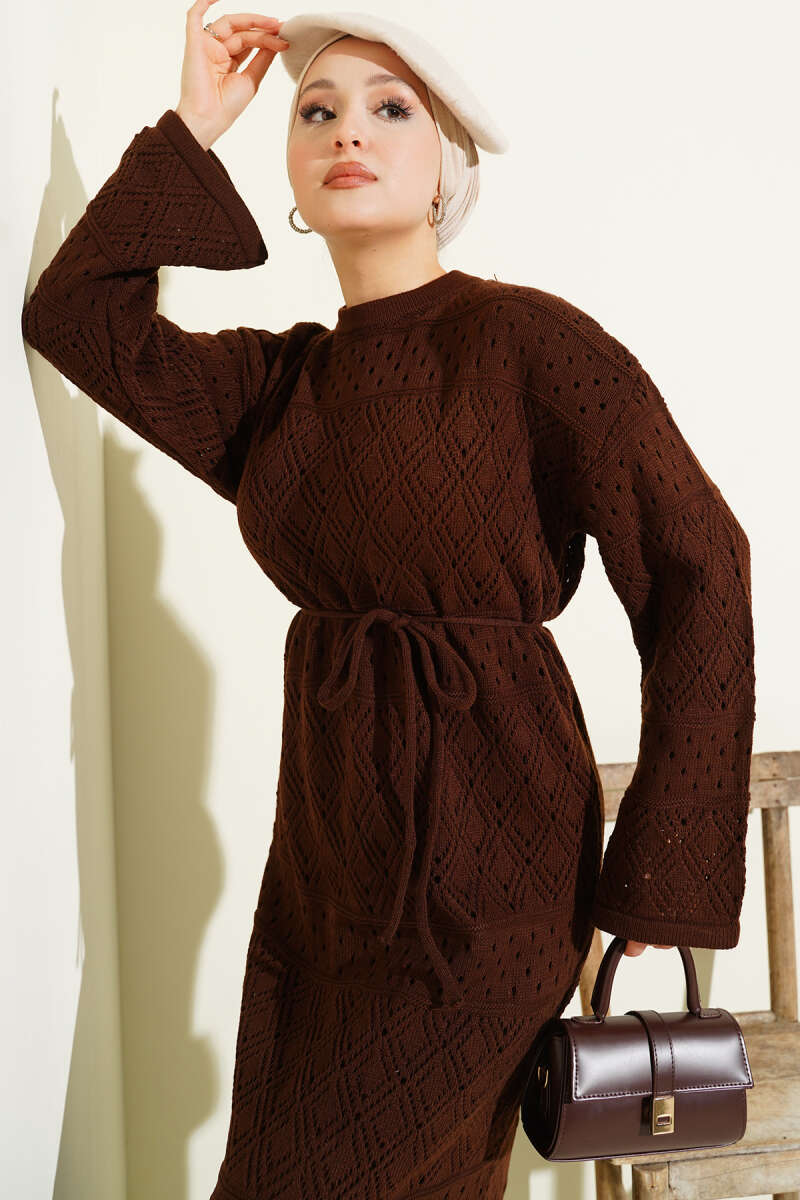 Diamond Pattern Openwork Knit Dress Brown - Imagen 2