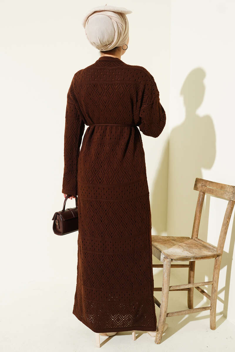 Diamond Pattern Openwork Knit Dress Brown - Imagen 3