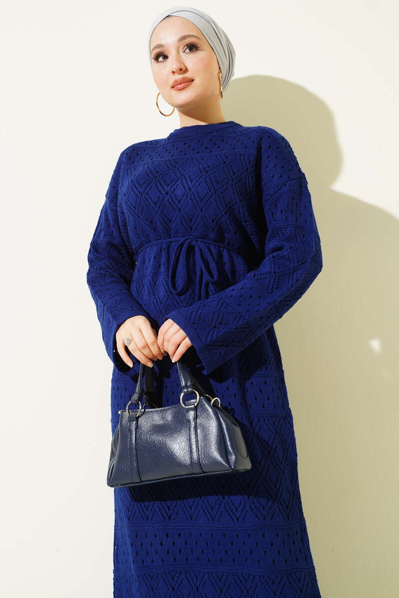 Diamond Pattern Openwork Knit Dress Parliament Blue - Imagen 2