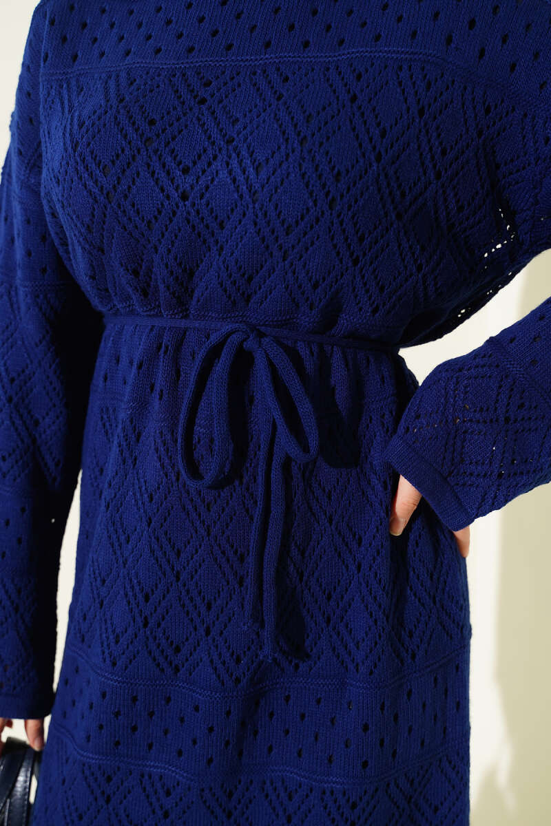 Diamond Pattern Openwork Knit Dress Parliament Blue - Imagen 4