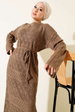 Alternative view of Diamond Pattern Openwork Knit Dress Mink