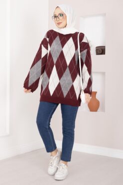Oversized Knit Sweater with Houndstooth Pattern Black