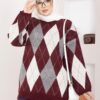 Oversized Knit Sweater with Houndstooth Pattern Burgundy – Image 2