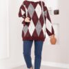 Oversized Knit Sweater with Houndstooth Pattern Burgundy – Image 3