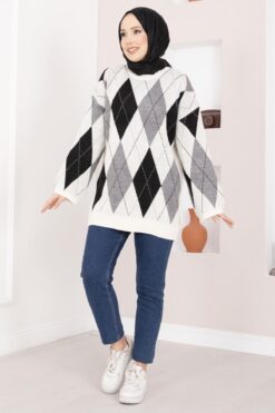 Oversized Knit Sweater with Houndstooth Pattern Ecru
