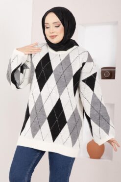 Alternative view of Oversized Knit Sweater with Houndstooth Pattern Ecru