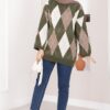 Oversized Knit Sweater with Houndstooth Pattern Khaki