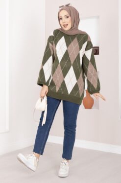 Oversized Knit Sweater with Houndstooth Pattern Khaki