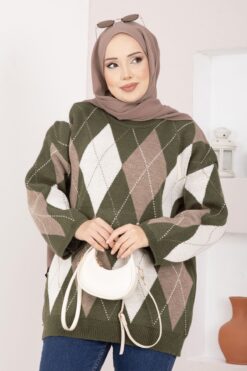 Alternative view of Oversized Knit Sweater with Houndstooth Pattern Khaki