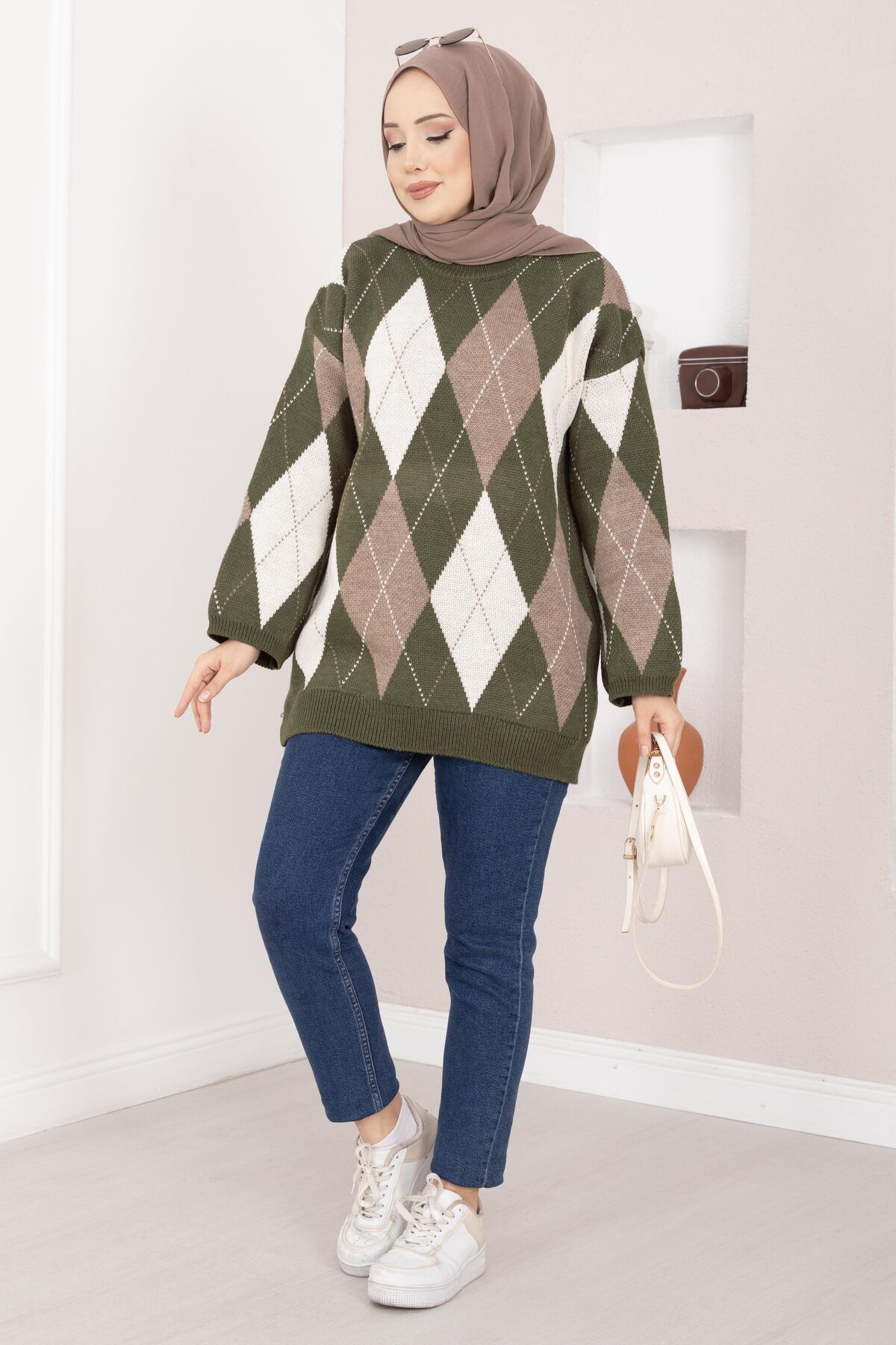 Oversized Knit Sweater with Houndstooth Pattern Khaki - immagine 3