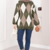 Oversized Knit Sweater with Houndstooth Pattern Khaki - immagine 4