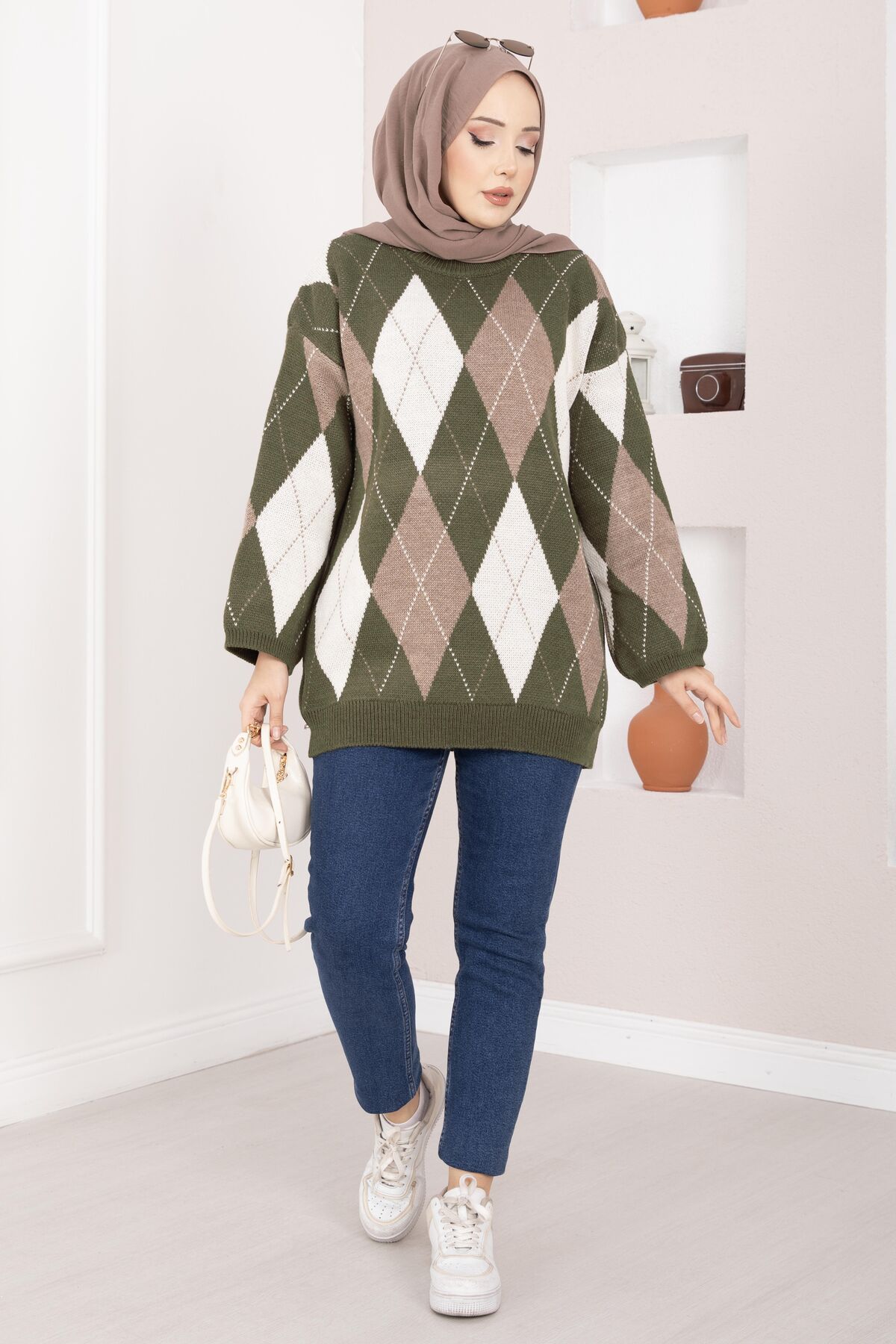 Oversized Knit Sweater with Houndstooth Pattern Khaki - immagine 4