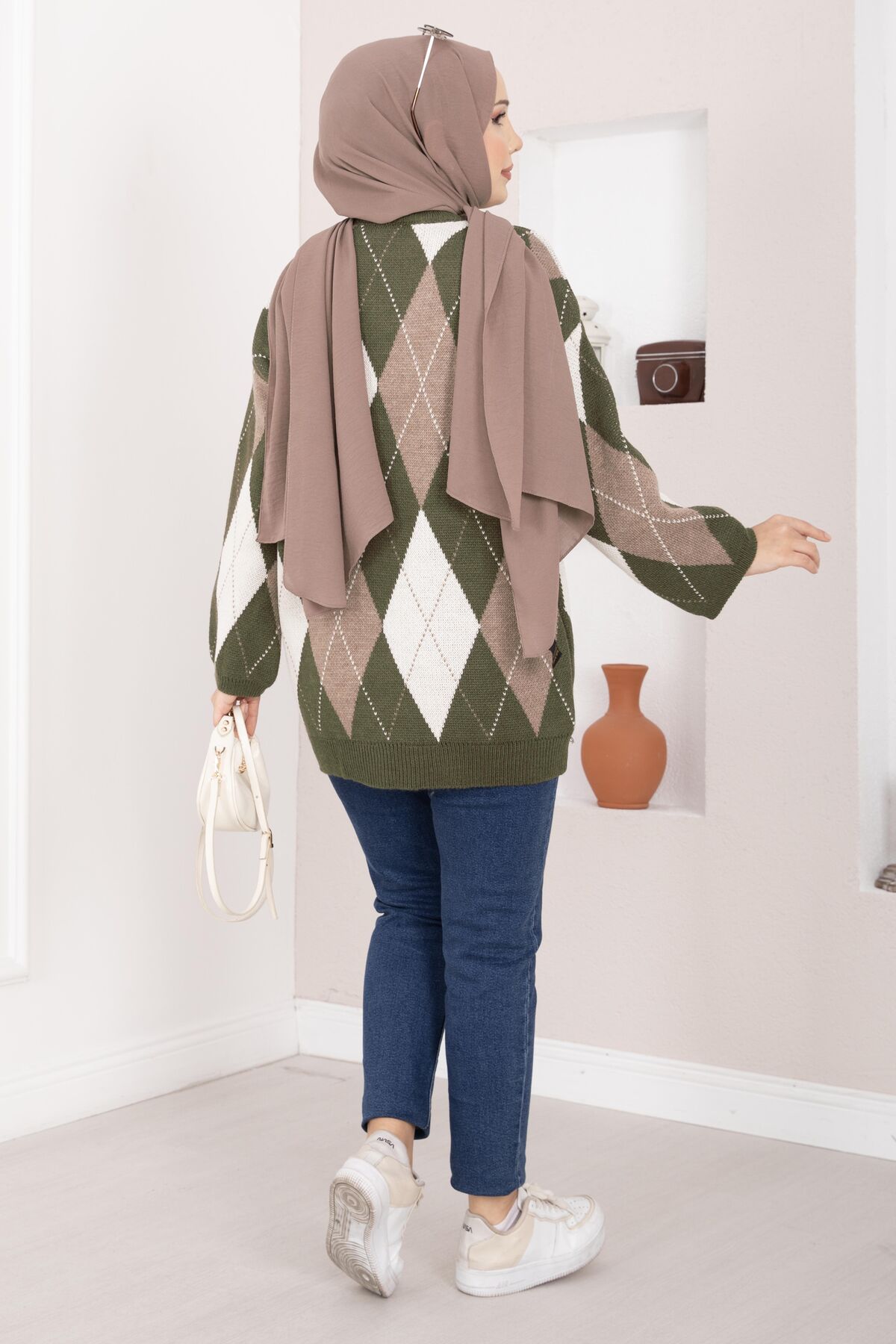 Oversized Knit Sweater with Houndstooth Pattern Khaki - immagine 5