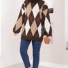 Oversized Knit Sweater with Houndstooth Pattern Brown
