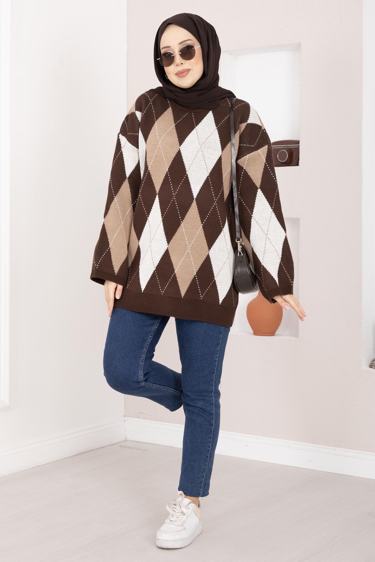 Oversized Knit Sweater with Houndstooth Pattern Brown - immagine 3