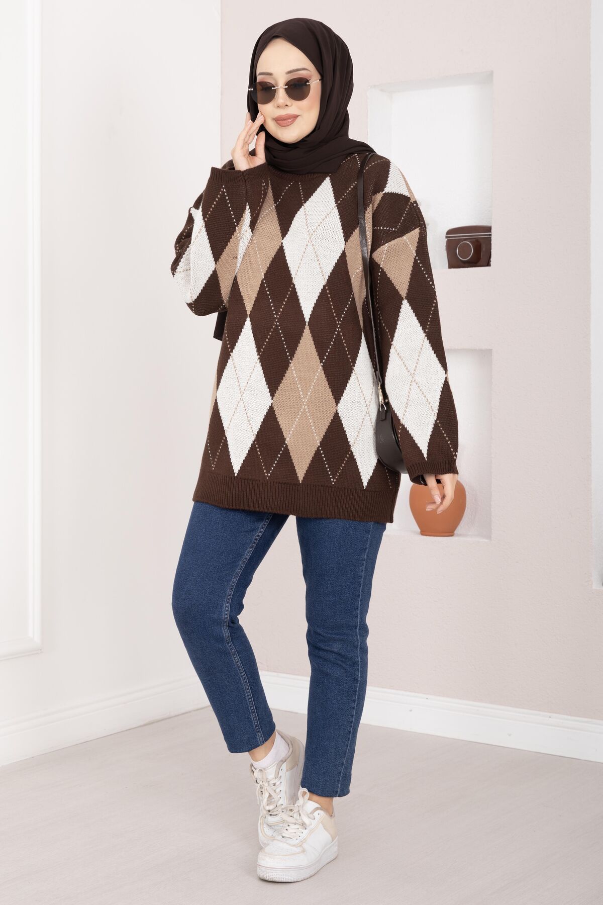 Oversized Knit Sweater with Houndstooth Pattern Brown - immagine 4