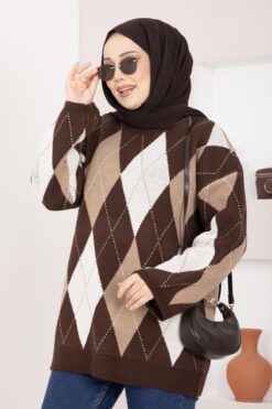 Alternative view of Oversized Knit Sweater with Houndstooth Pattern Brown