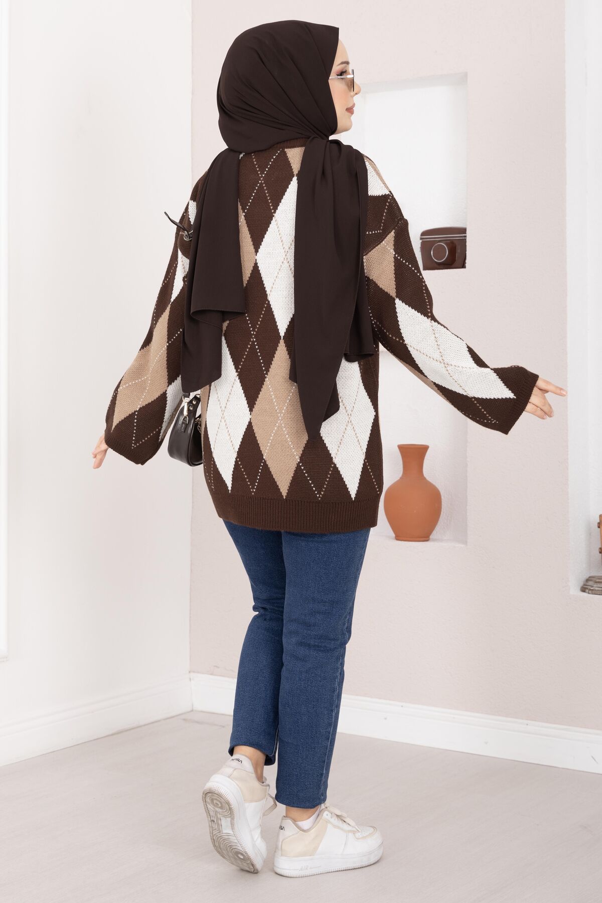 Oversized Knit Sweater with Houndstooth Pattern Brown - immagine 6