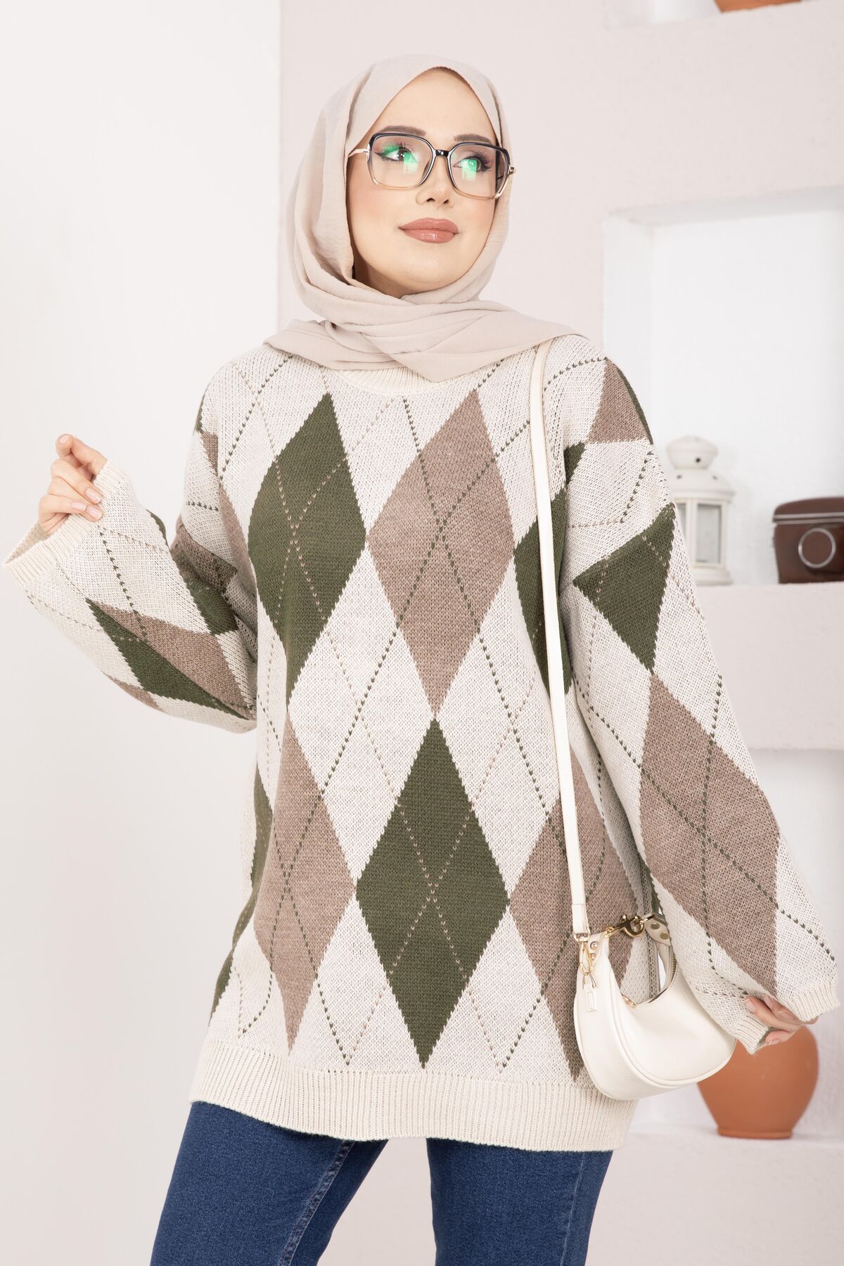 Oversized Knit Sweater with Houndstooth Pattern Stone - الصورة 2