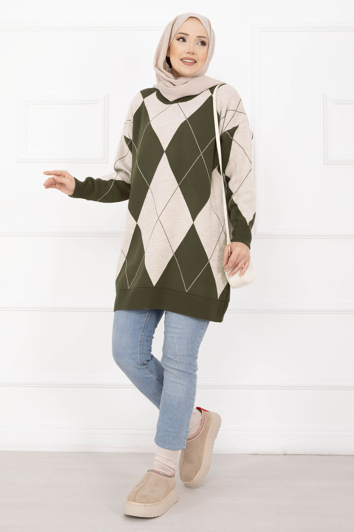 Diamond Pattern Knit Sweater Khaki - Imagen 3