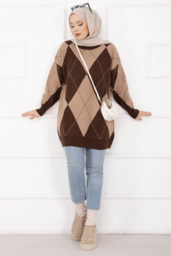 Diamond Pattern Knit Sweater Brown