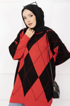 Alternative view of Diamond Pattern Knit Sweater Red