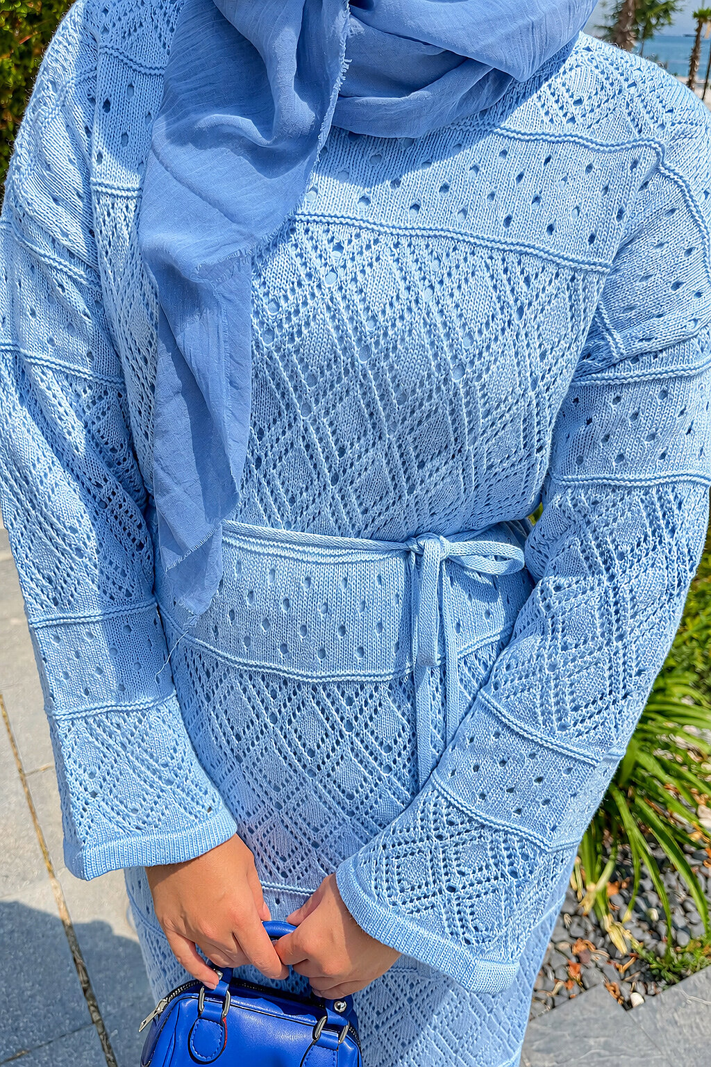 Diamond Pattern Two-Piece Knit Dress with Inner Layer Baby Blue - Imagen 4