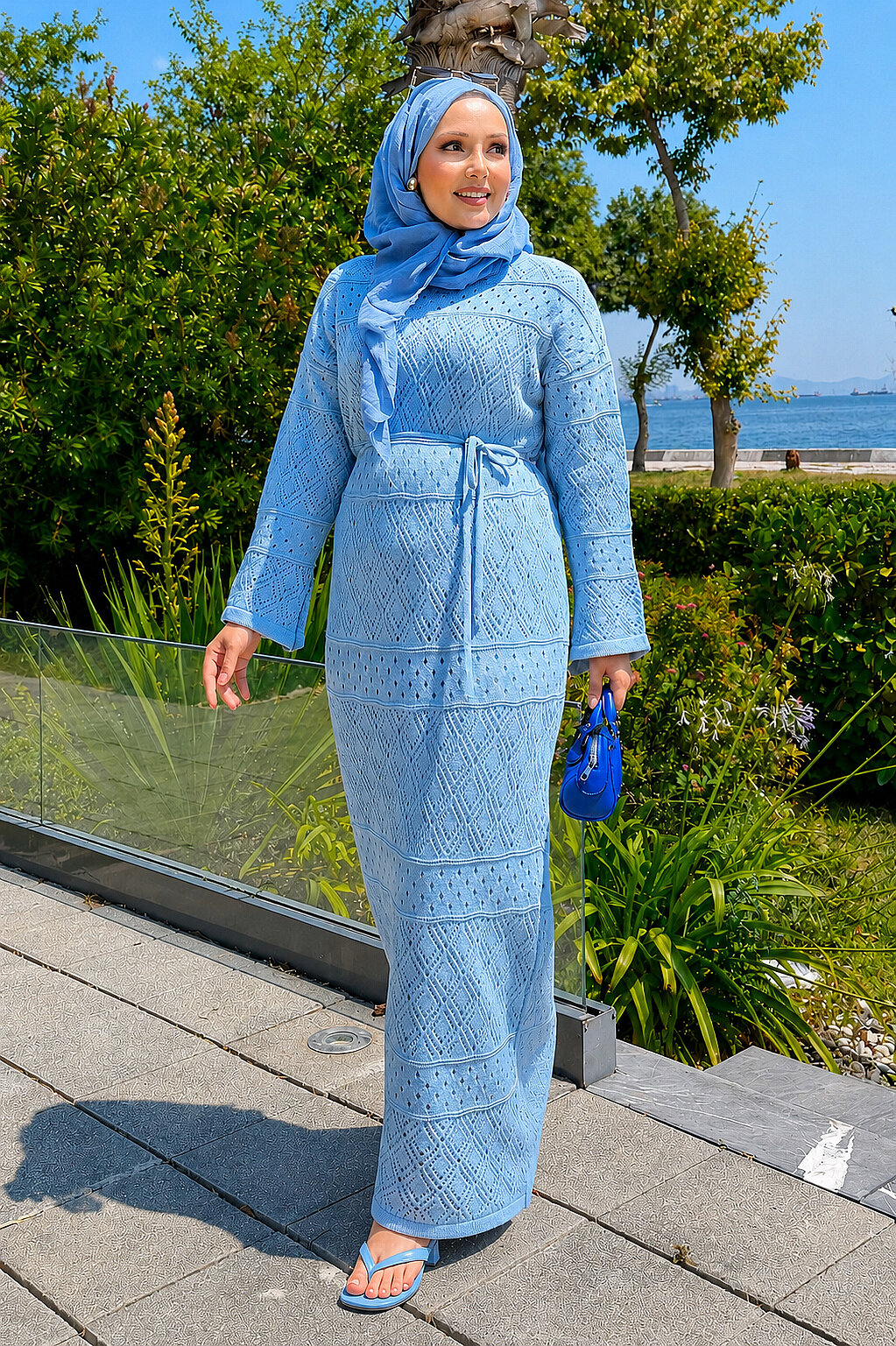 Diamond Pattern Two-Piece Knit Dress with Inner Layer Baby Blue
