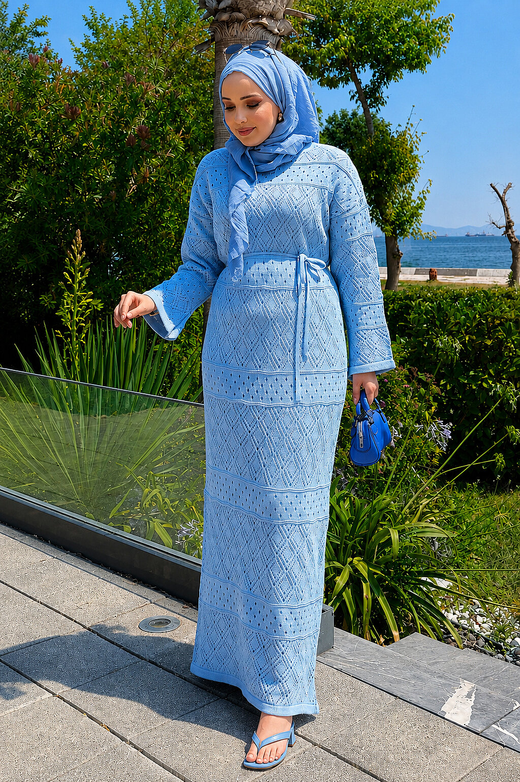 Diamond Pattern Two-Piece Knit Dress with Inner Layer Baby Blue - Imagen 5