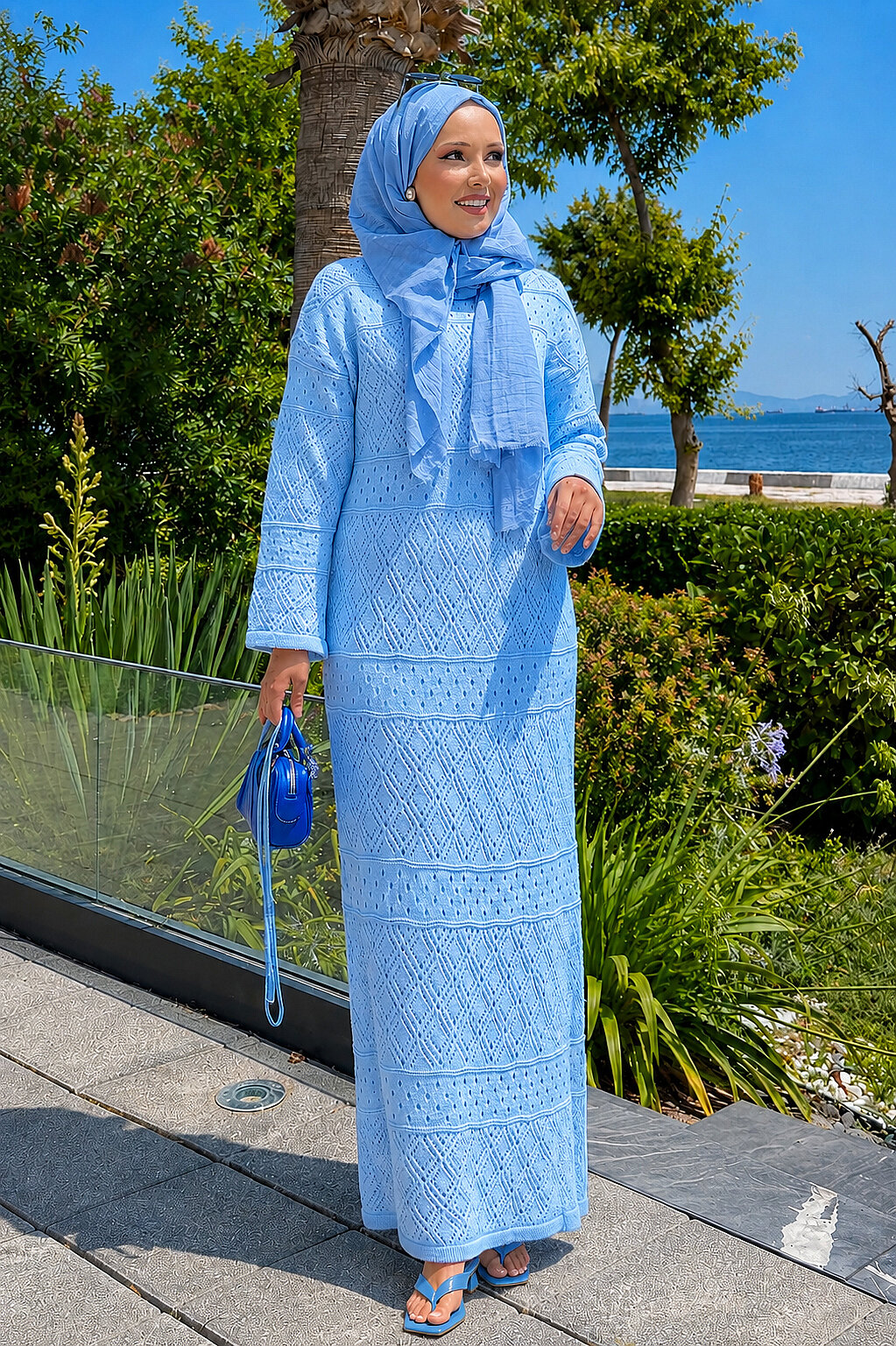 Diamond Pattern Two-Piece Knit Dress with Inner Layer Baby Blue - Imagen 3