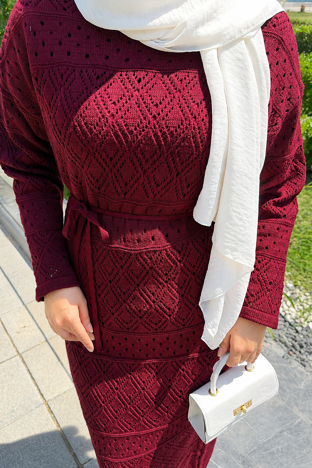 Diamond Pattern Two-Piece Knit Dress with Inner Layer Burgundy - immagine 4