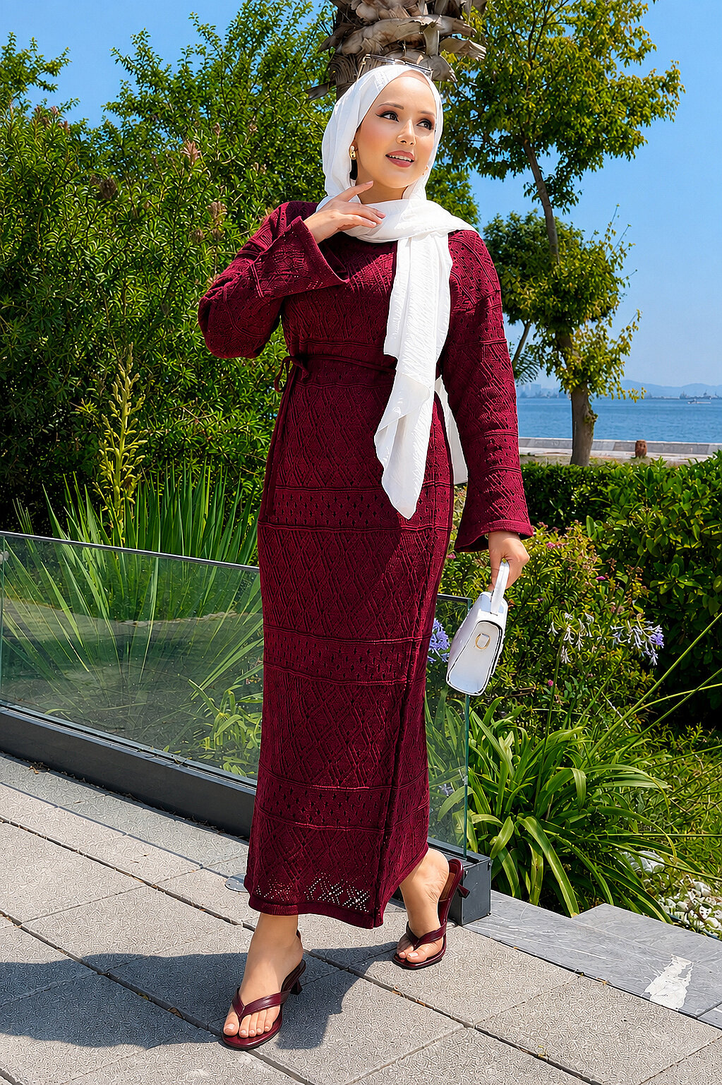 Diamond Pattern Two-Piece Knit Dress with Inner Layer Burgundy