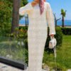 Diamond Pattern Two-Piece Knit Dress with Inner Layer Ecru - الصورة 3