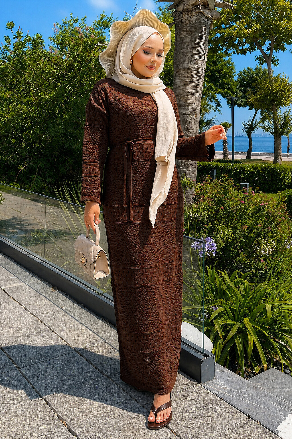 Diamond Pattern Two-Piece Knit Dress with Inner Layer Brown