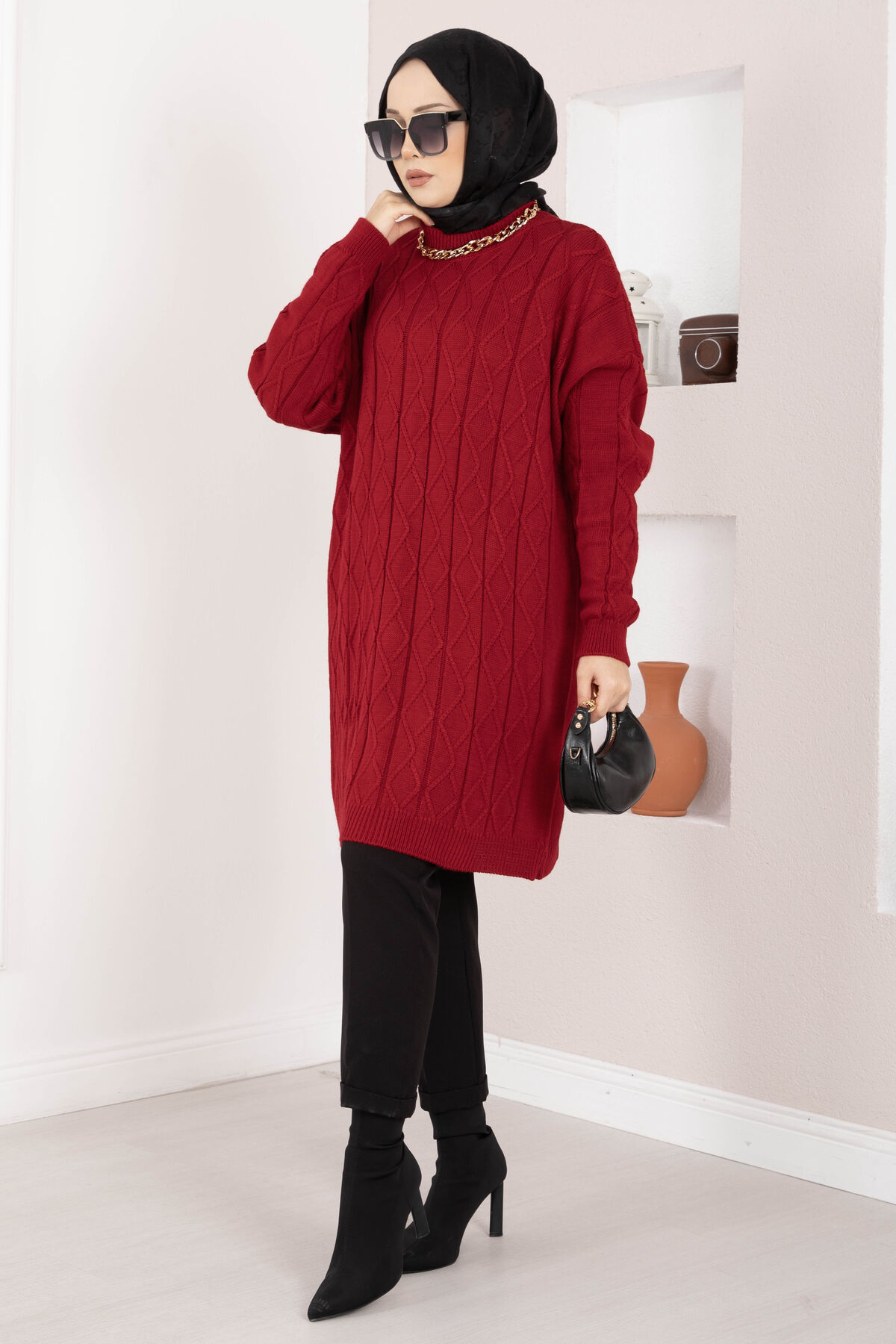 Houndstooth Knit Tunic Red