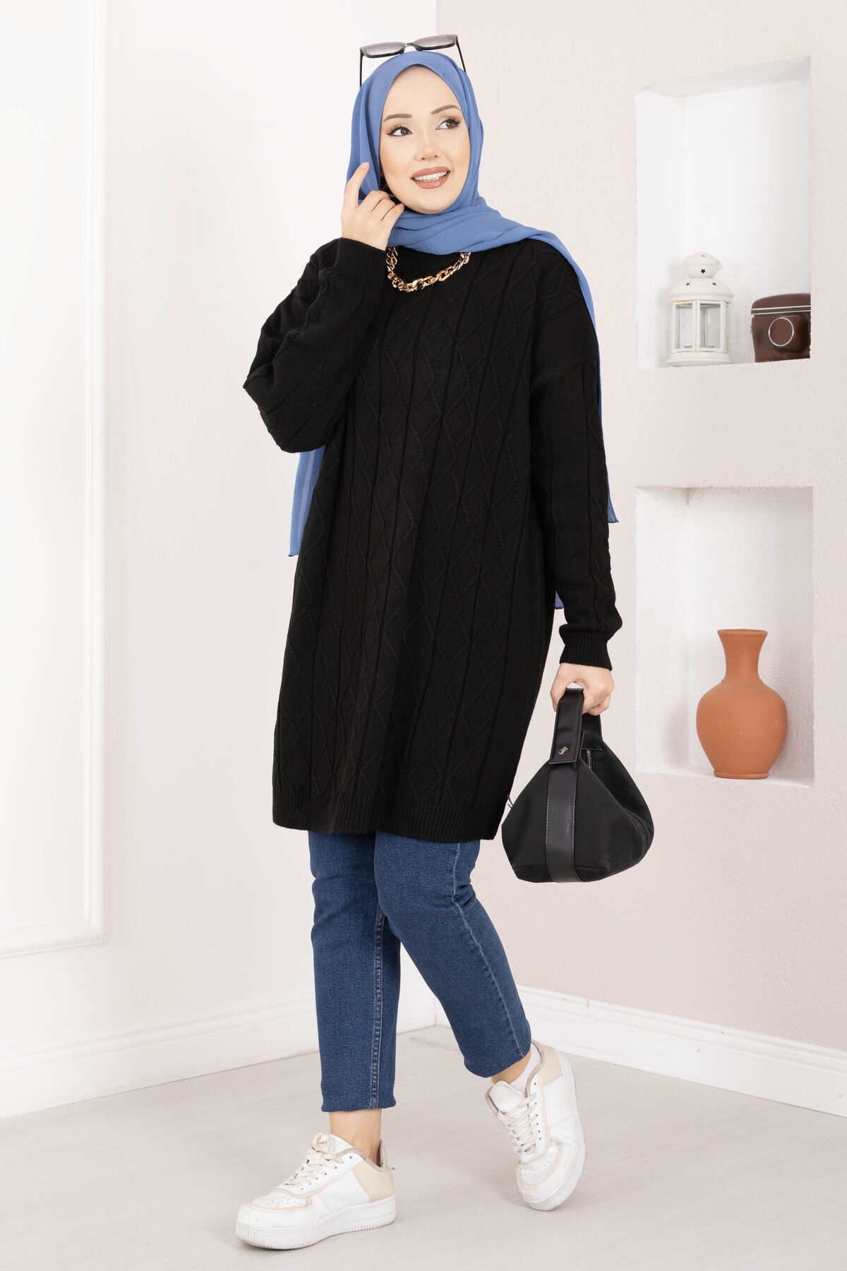 Houndstooth Knit Tunic Black – Image 4