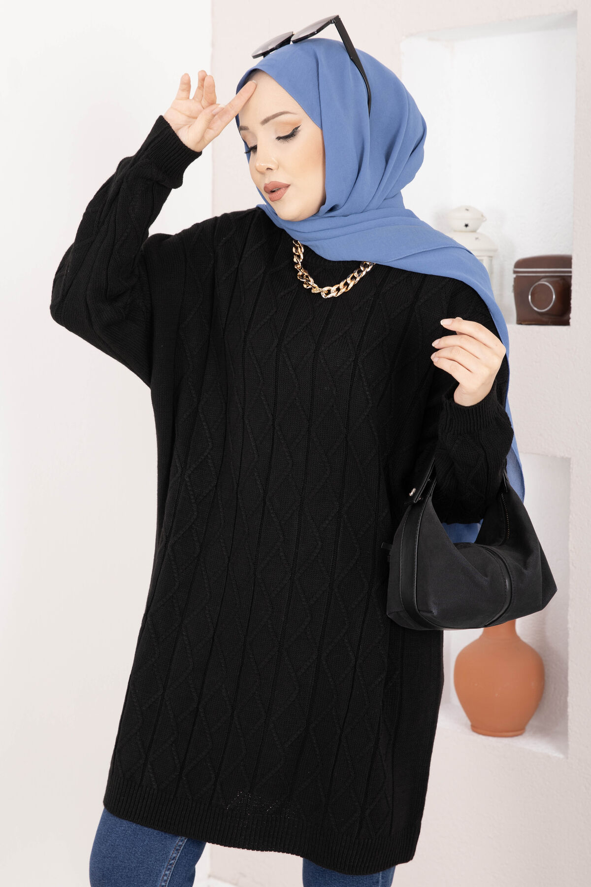 Houndstooth Knit Tunic Black – Image 2