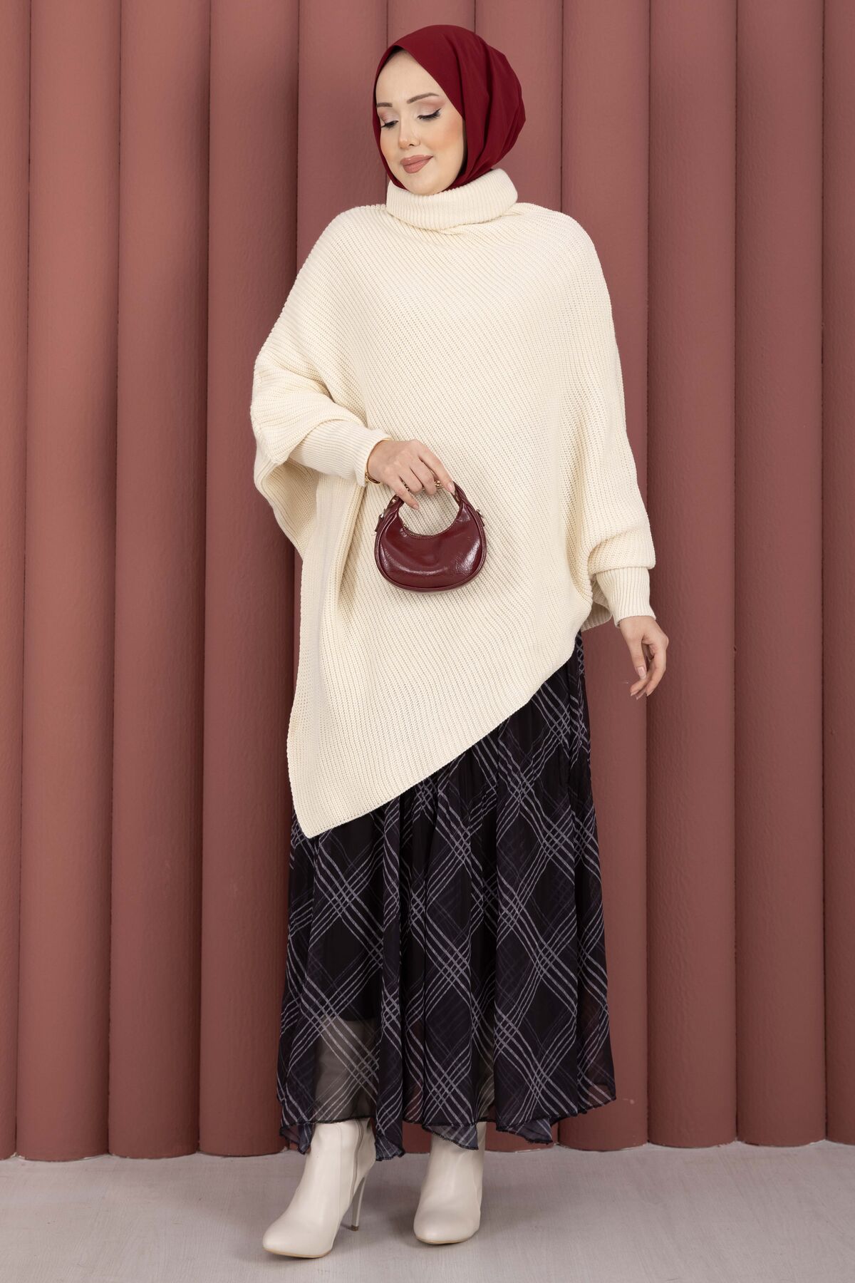 Asymmetrical Turtleneck Knit Sweater Ecru