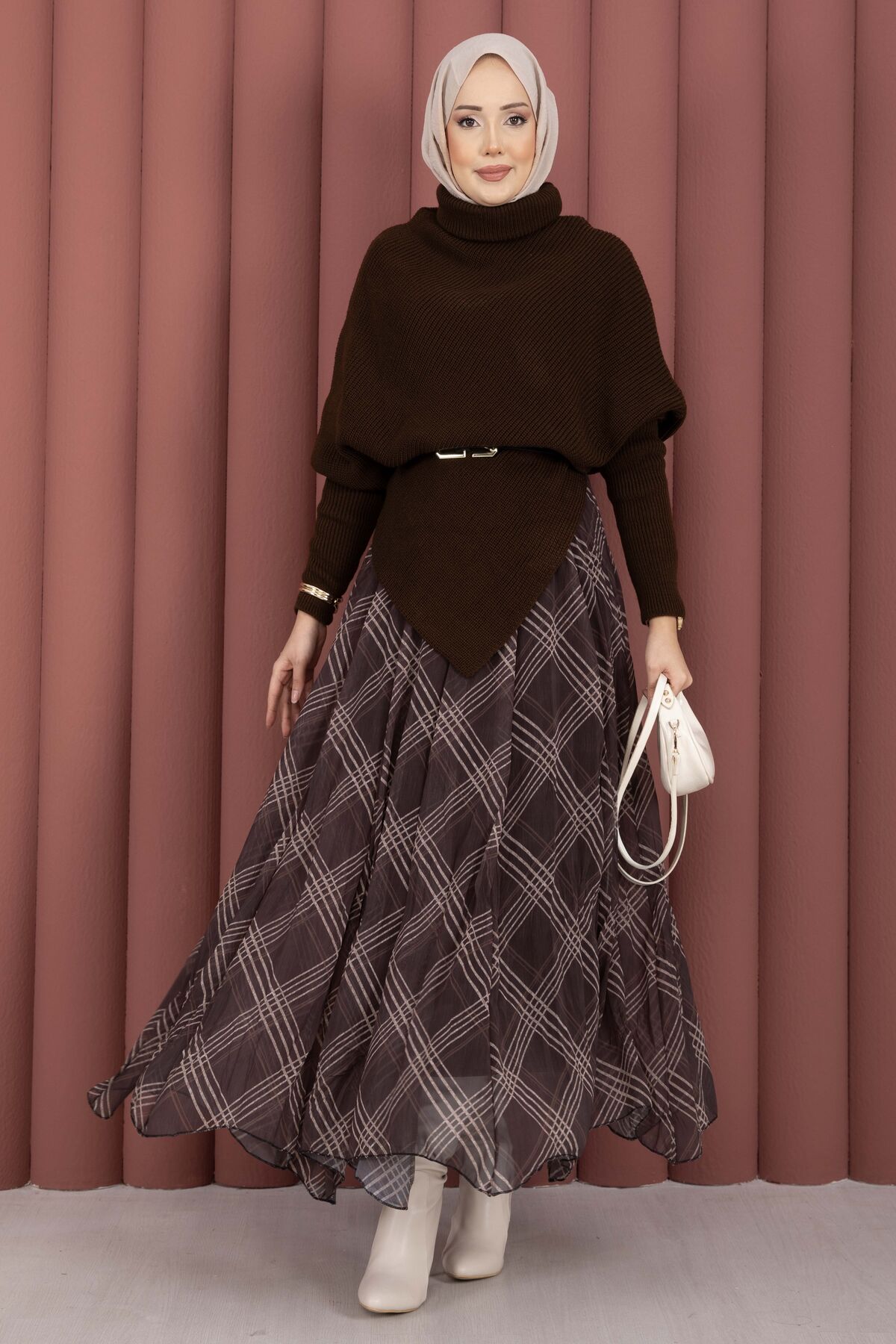 Asymmetrical Turtleneck Knit Sweater Brown